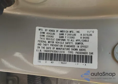 2013 Honda Accord Ex-L V-6 из США, поврежденный, VIN 1HGCR3F83DA012078